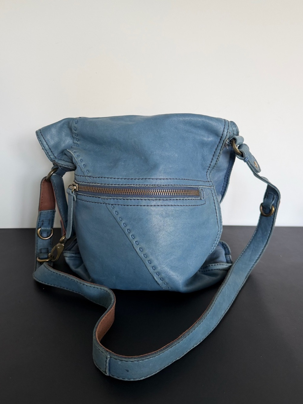 Lucky Brand Blue Leather Convertible Tote Crossbody Shoulder Bag Boho